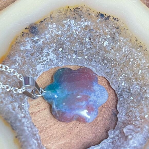 Red Moss Agate Ocean Jasper flower pendant natural stone crystal reiki silver pl - Picture 5 of 8